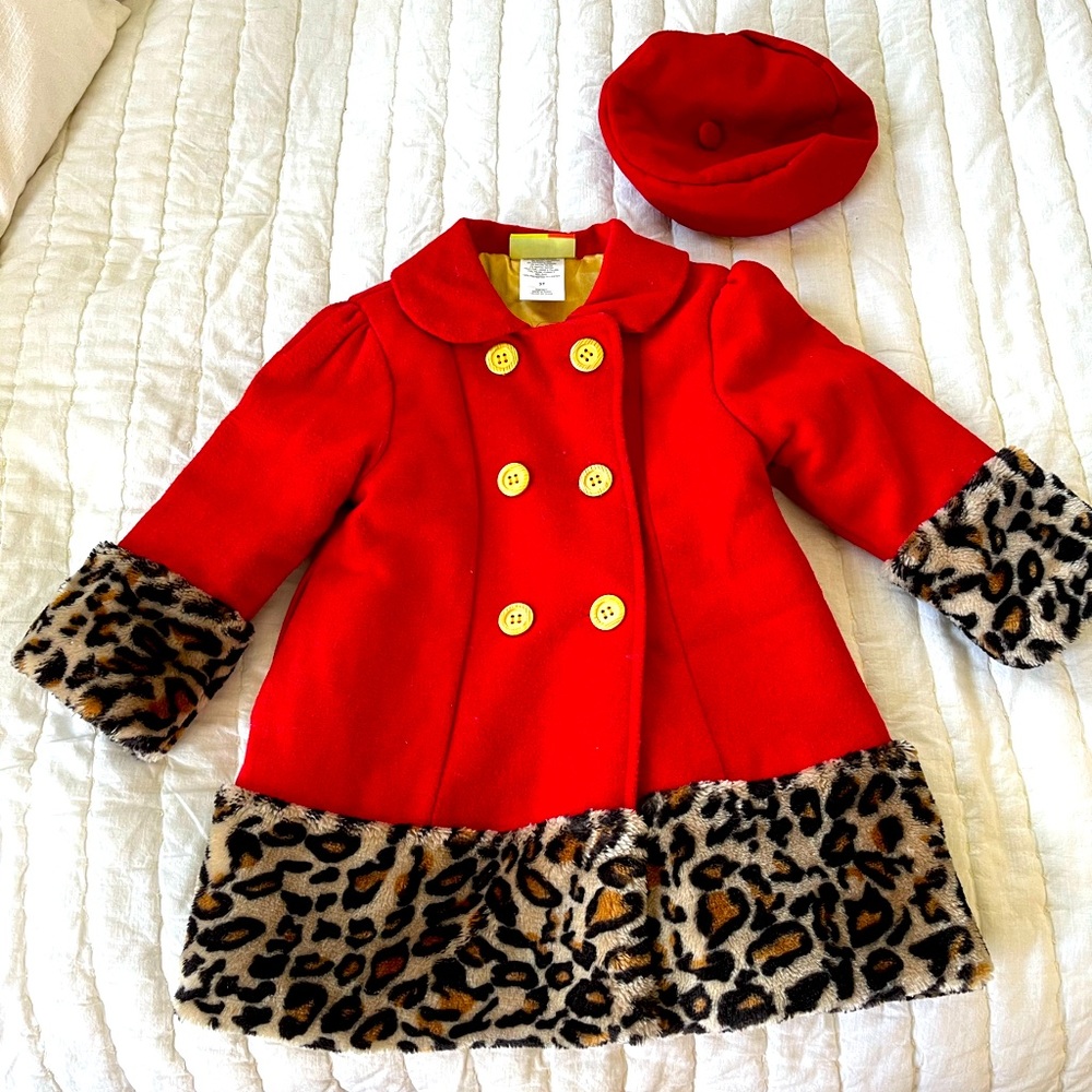 3T Penelope Mack red and leopard print coat with hat